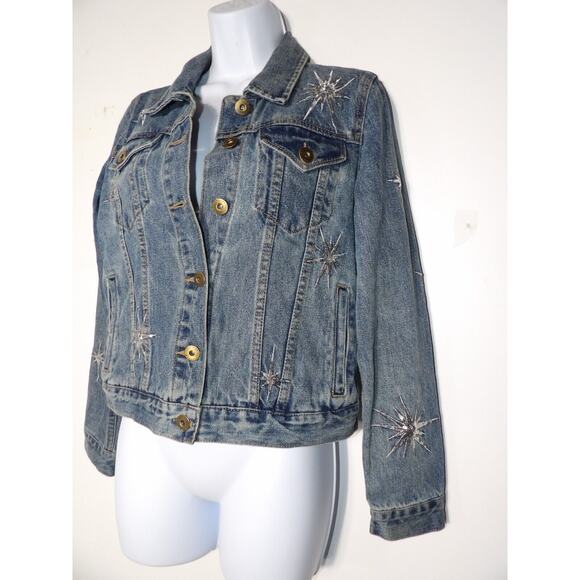 Pistola Small Denim Jean Jacket Firework Sequins Starburst 90s Y2K Art to Wear - Picture 3 of 16